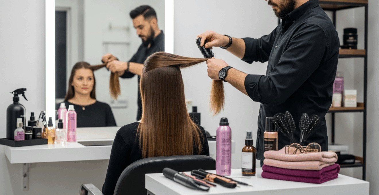 Femme de dos coiffant ses cheveux lisses et brillants avec des accessoires professionnels, lumière naturelle