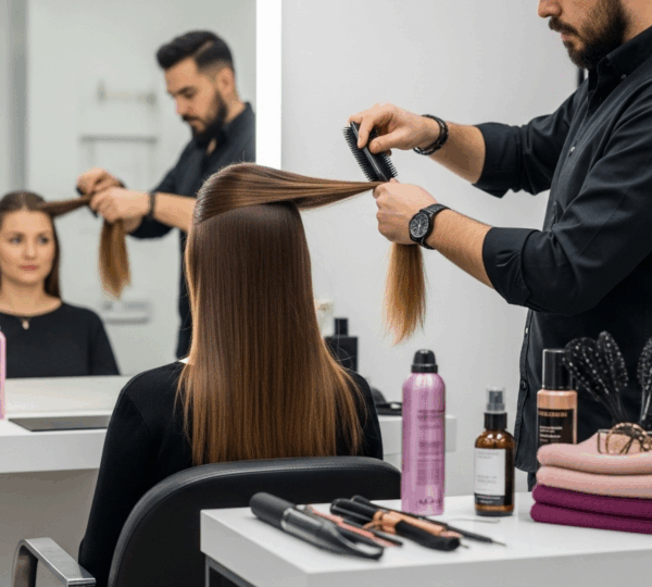 Femme de dos coiffant ses cheveux lisses et brillants avec des accessoires professionnels, lumière naturelle