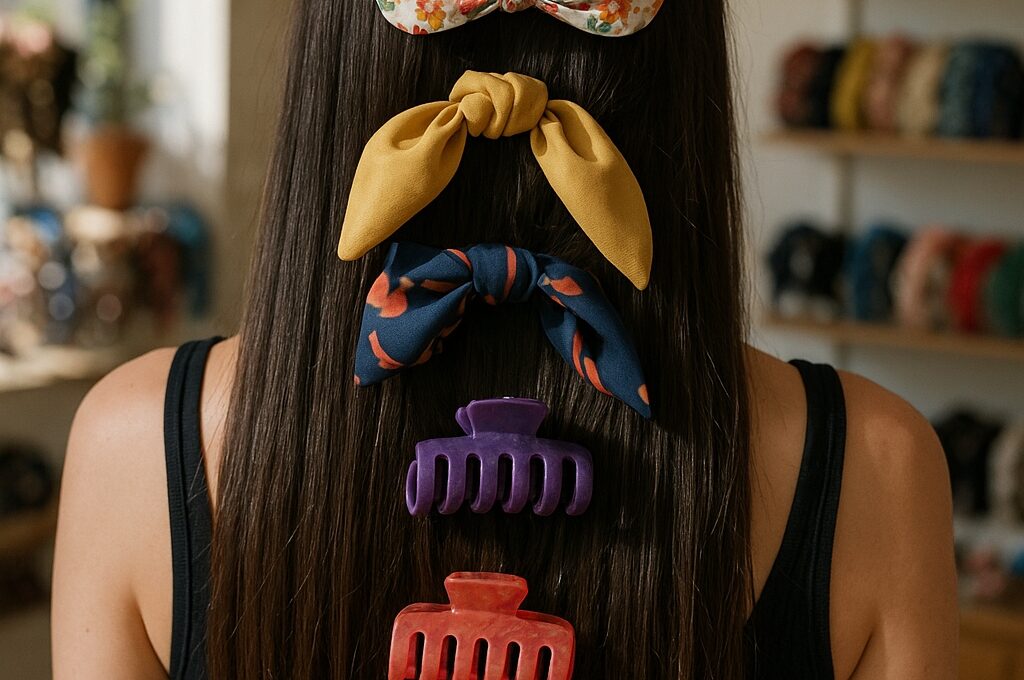 Groupe d’accessoires de coiffure modernes mis en scène sur cheveux très lisses.