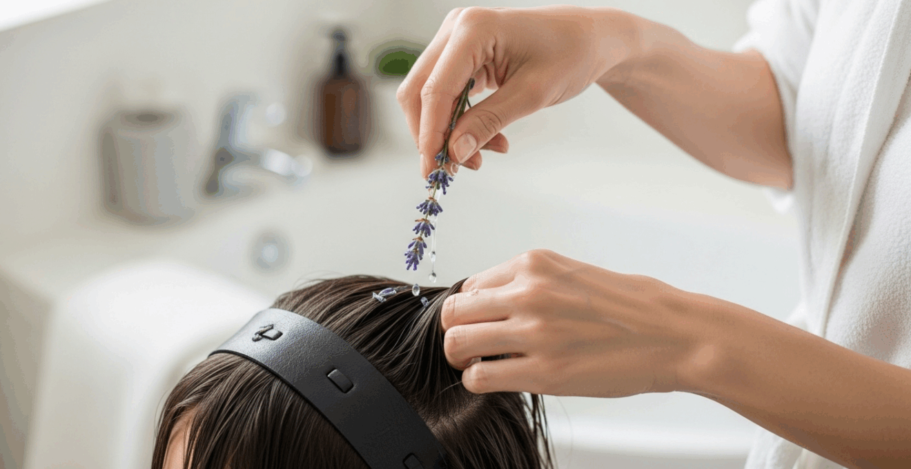 Gros plan sur des mains appliquant une brume de lavande sur les racines de cheveux lissés