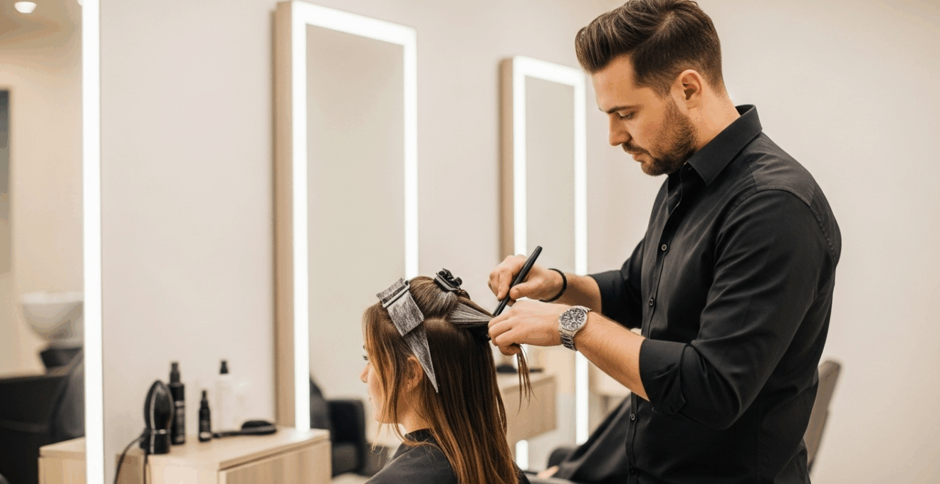 Coiffeur appliquant une coloration sur une cliente dans un salon moderne