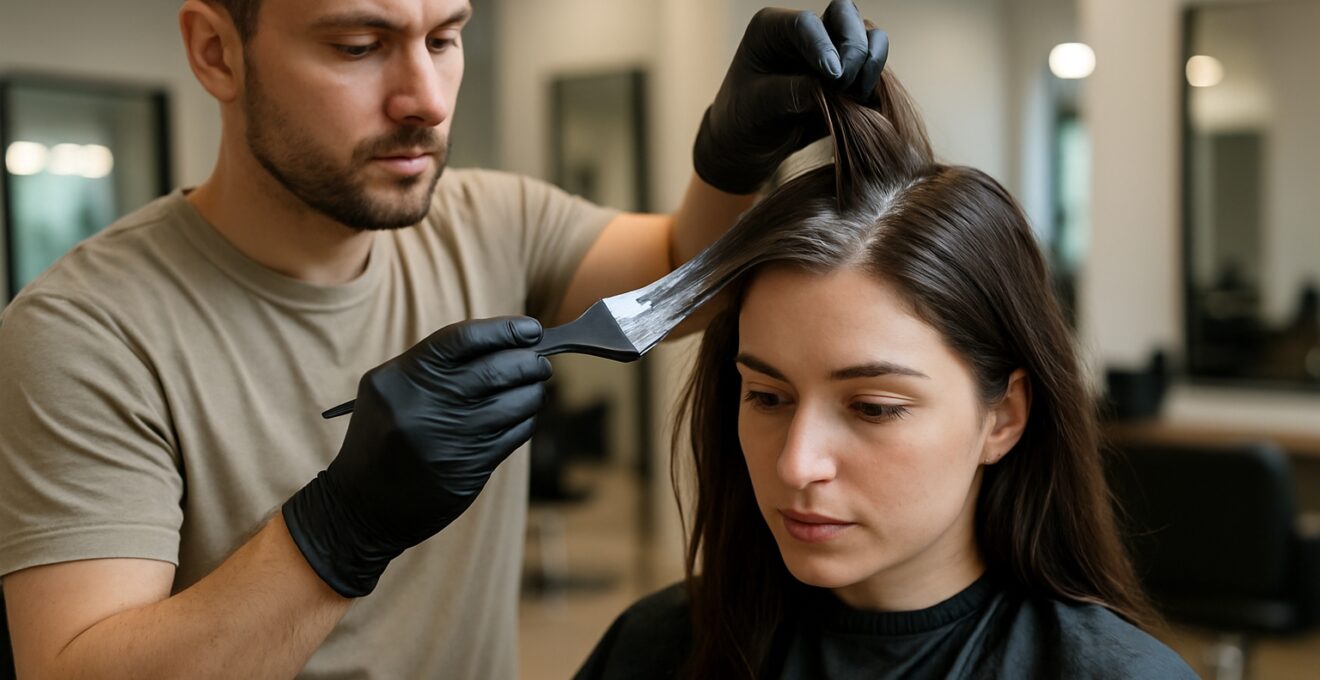 Coiffeur appliquant un soin lissant sur les cheveux d’une cliente dans un salon professionnel