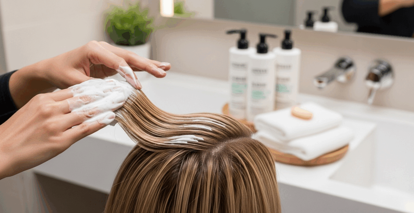 Gros plan sur l’application d’un masque capillaire sur cheveux lissés, ambiance lumineuse et soignée.