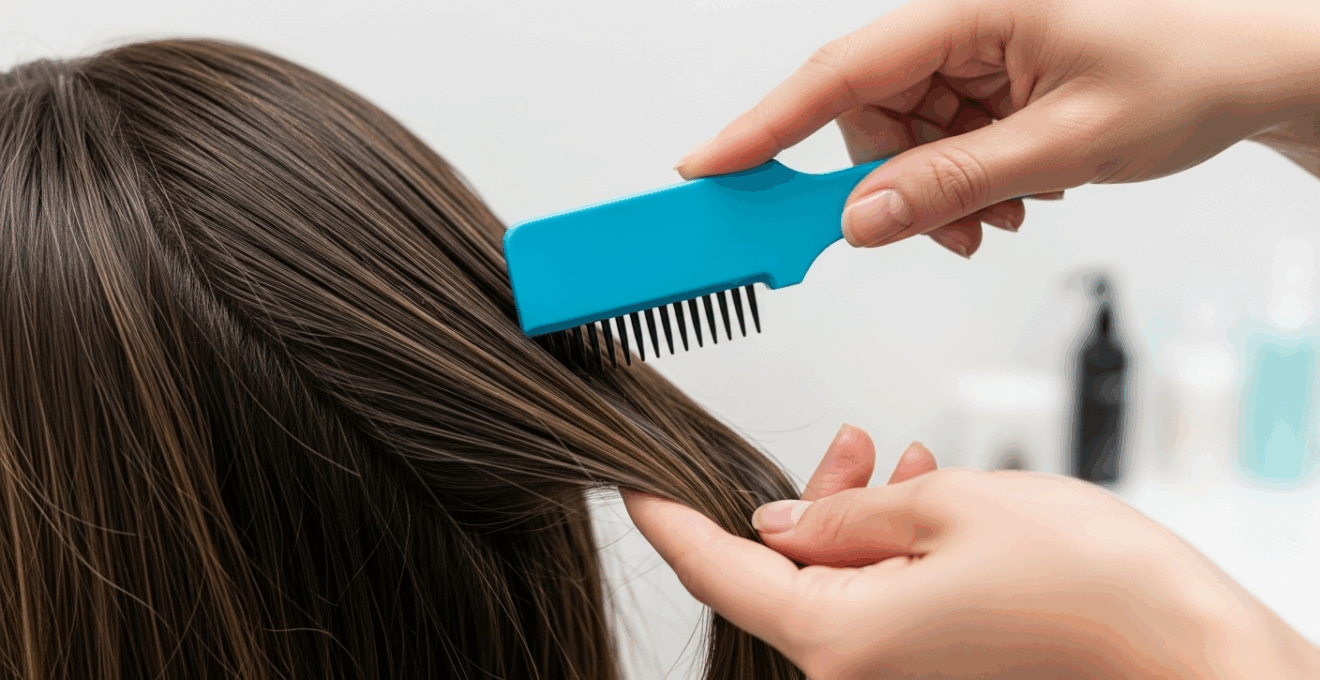 Main gantée appliquant un produit de lissage sur des cheveux mouillés