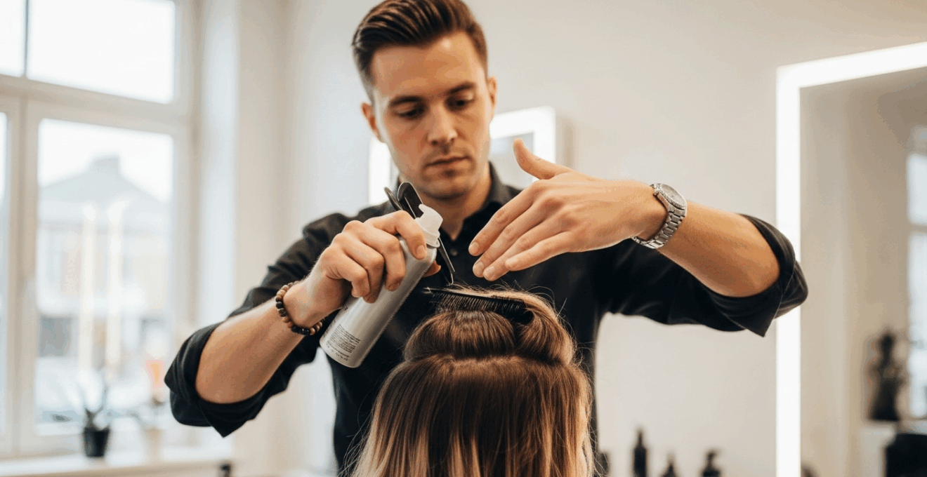 Coiffeur appliquant un produit lissant sur les cheveux d’une cliente dans un salon lumineux