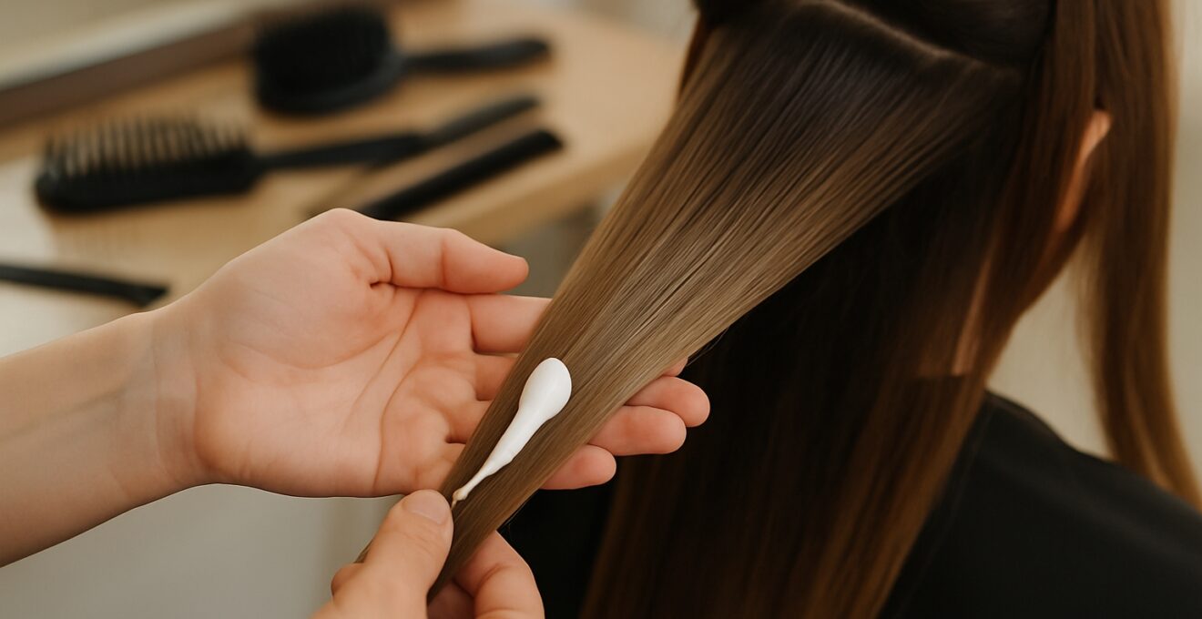 Mèche de cheveux séparée, produit appliqué avec précision par une main experte.