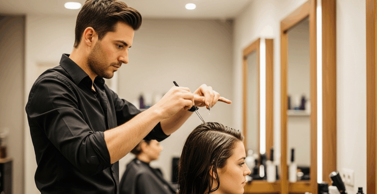 Coiffeur appliquant un soin à la kératine sur les cheveux d’une cliente dans un salon moderne