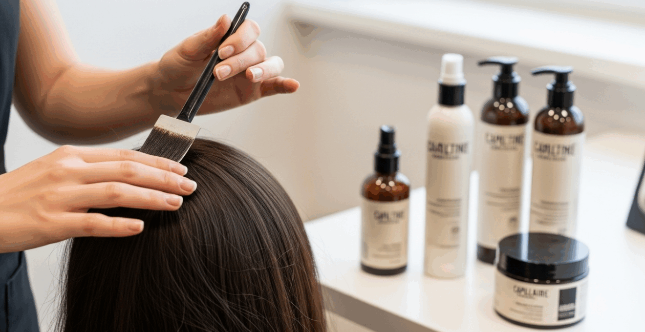 Mains de coiffeur appliquant un soin à la kératine sur des cheveux mi-longs