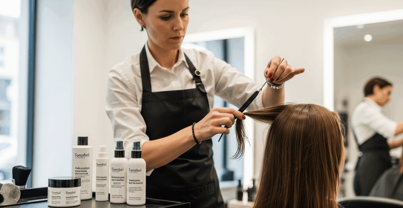 Coiffeur appliquant un soin à la kératine sur les cheveux d’une cliente