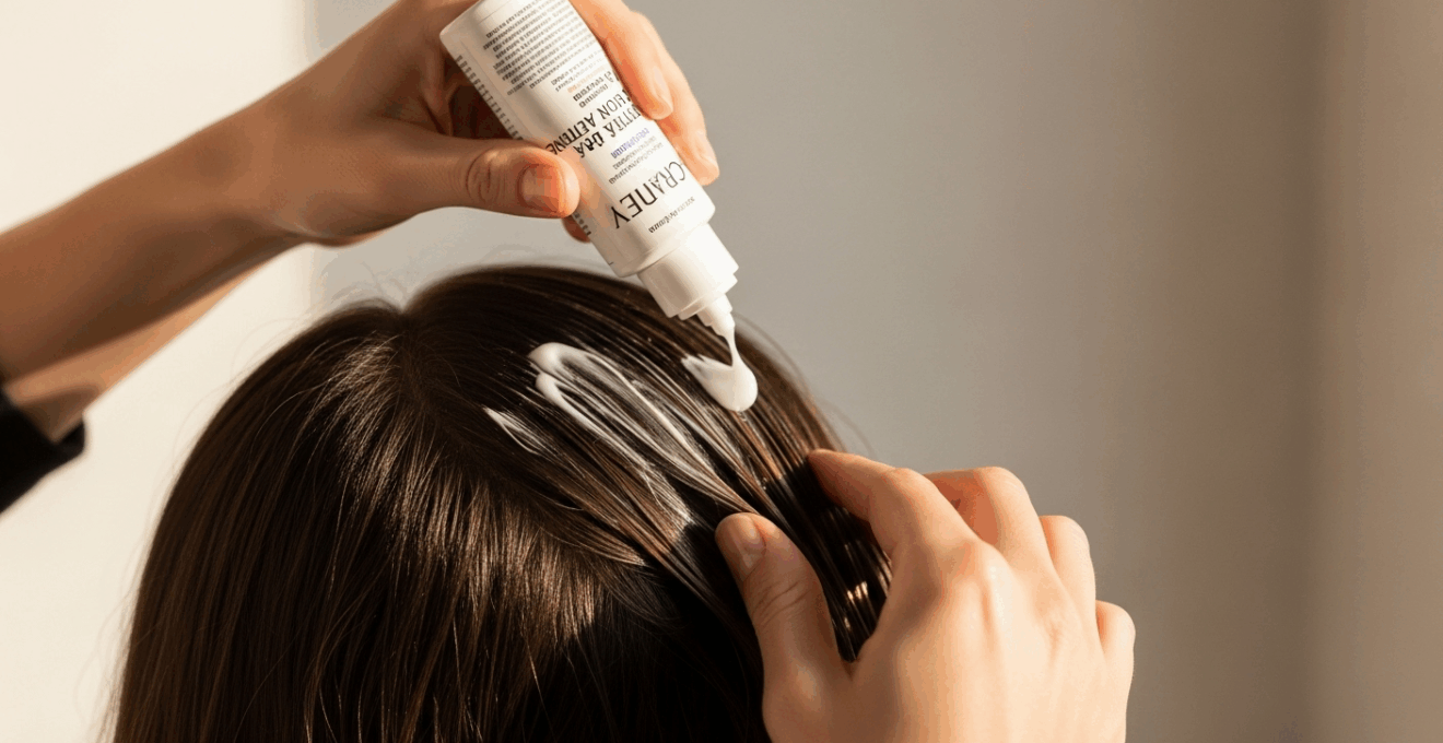 Gros plan sur des mains appliquant un soin à la kératine sur des cheveux humides