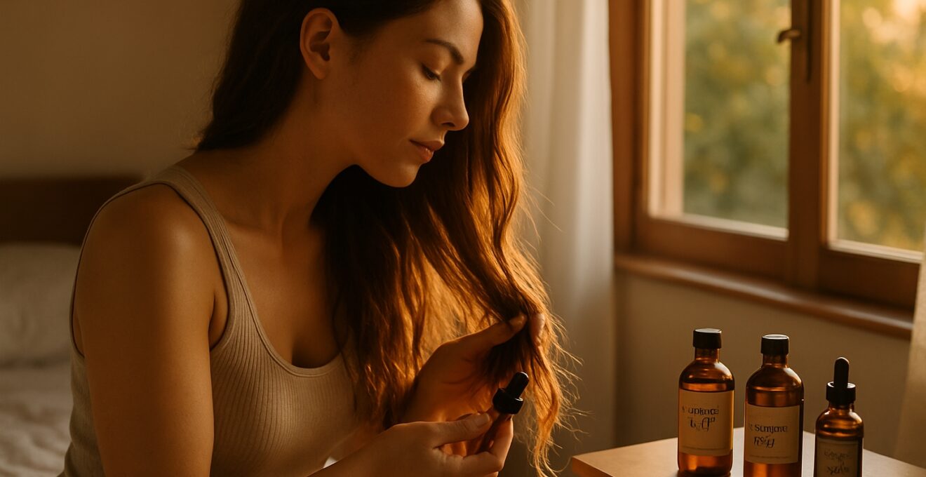 Femme appliquant une huile sur ses pointes de cheveux, lumière du soir, ambiance relaxante et naturelle