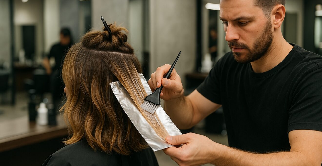 Coiffeur réalisant un balayage sur une cliente dans un salon moderne