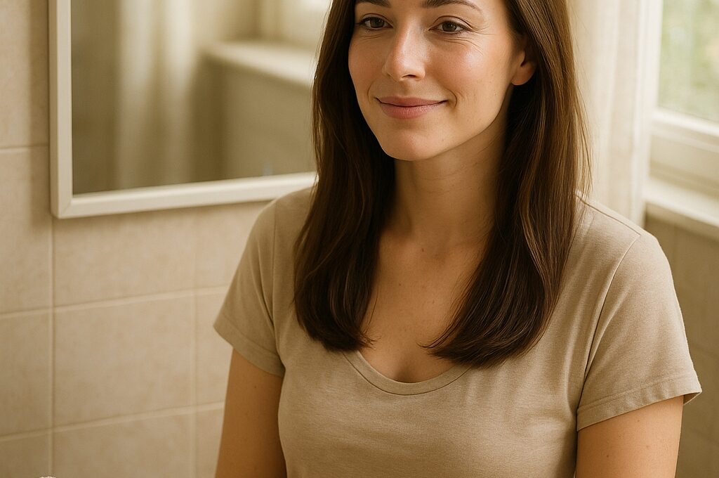 Femme souriante devant un miroir, cheveux brillants, entourée de soins naturels, dans une salle de bain lumineuse