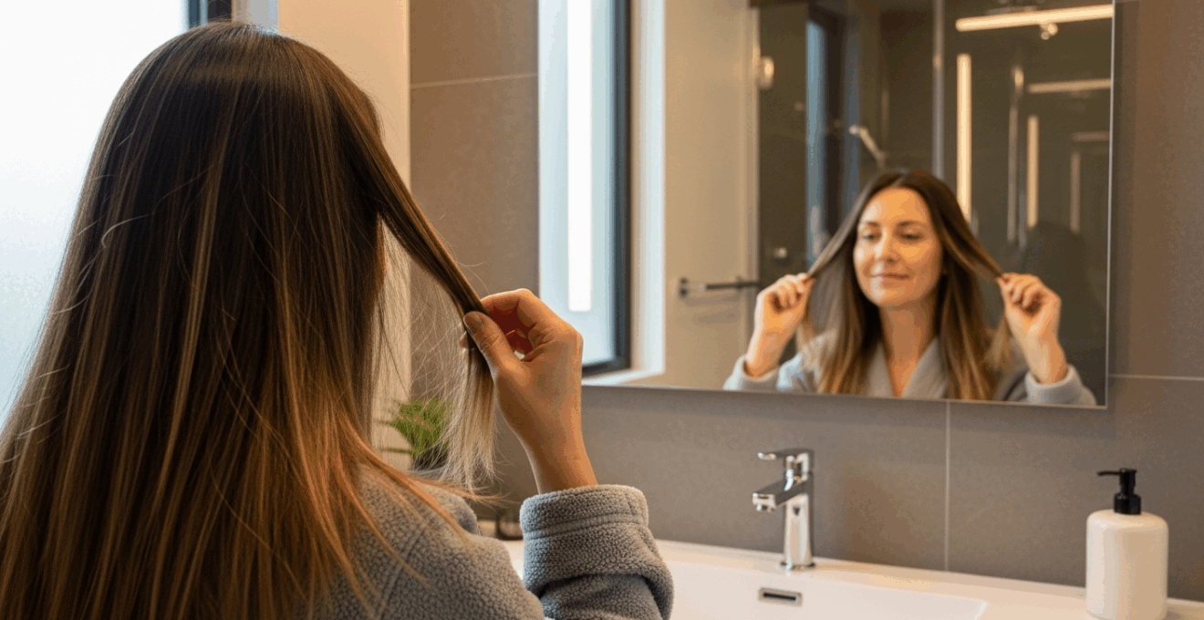 Femme aux cheveux longs et lisses, souriante devant un miroir, ambiance bien-être et lumière naturelle