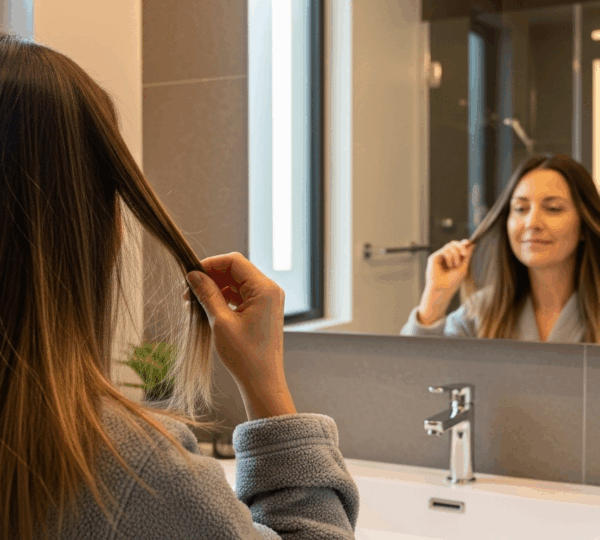 Femme aux cheveux longs et lisses, souriante devant un miroir, ambiance bien-être et lumière naturelle