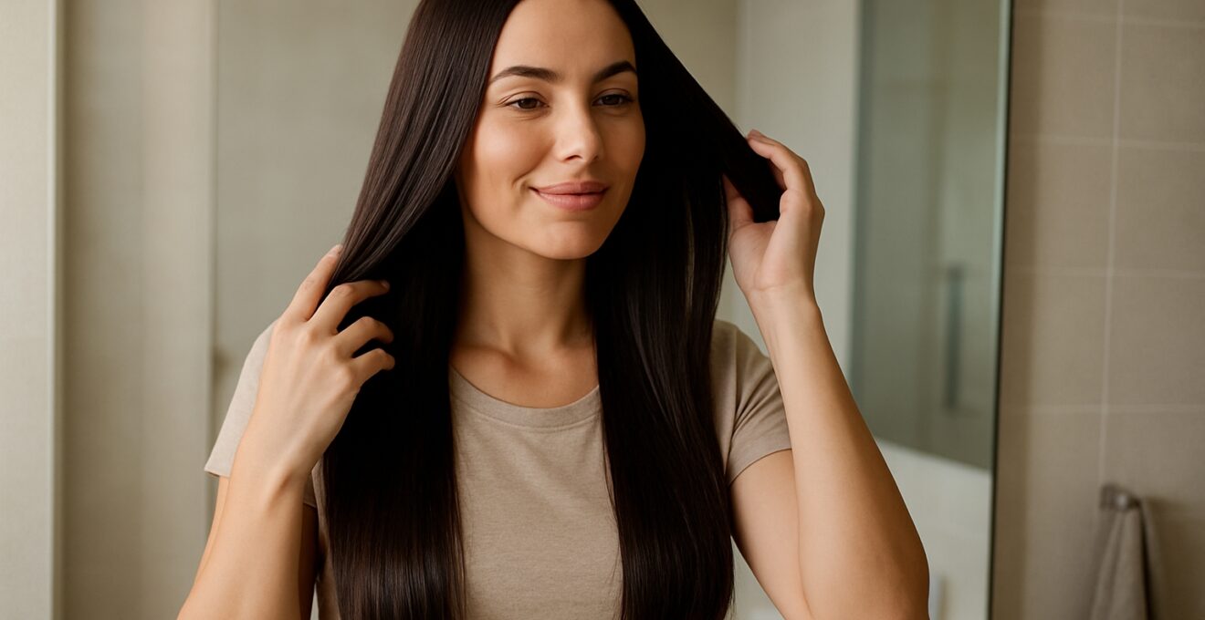 Femme aux cheveux lisses et brillants devant un miroir, ambiance sereine et lumineuse