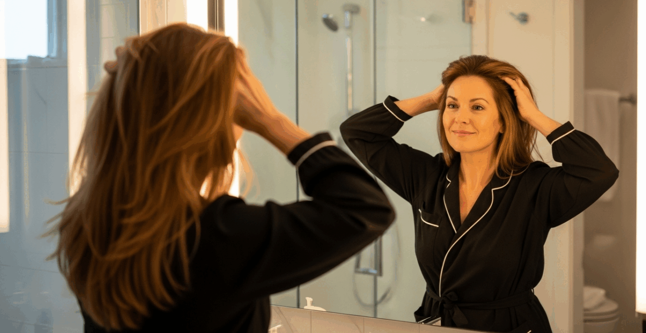 Femme aux cheveux lisses et colorés devant un miroir, lumière douce et ambiance élégante