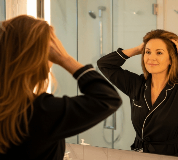 Femme aux cheveux lisses et colorés devant un miroir, lumière douce et ambiance élégante
