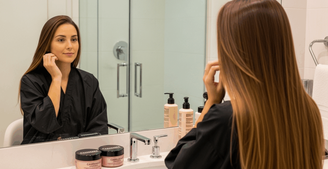 Femme aux cheveux lisses et brillants devant un miroir, ambiance douce, salle de bain contemporaine.