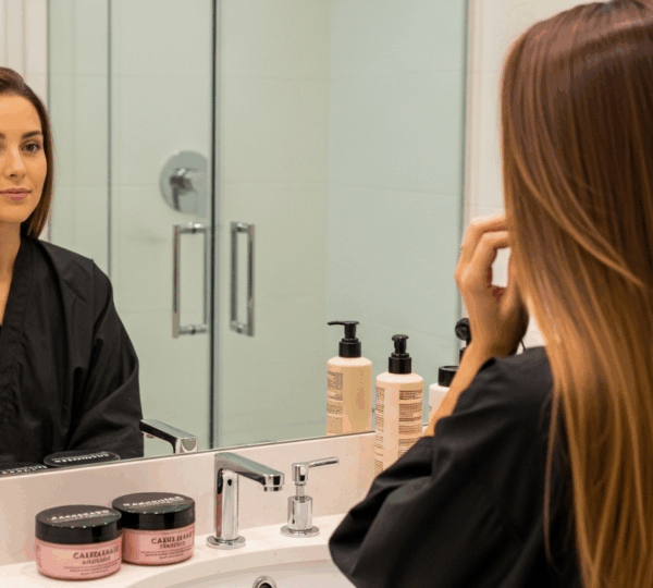 Femme aux cheveux lisses et brillants devant un miroir, ambiance douce, salle de bain contemporaine.