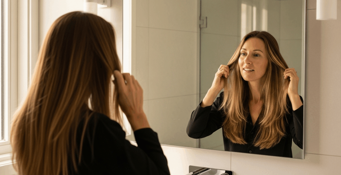 Femme aux cheveux lisses admirant son reflet dans un miroir de salle de bain