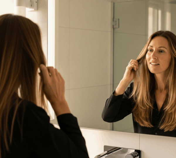 Femme aux cheveux lisses admirant son reflet dans un miroir de salle de bain