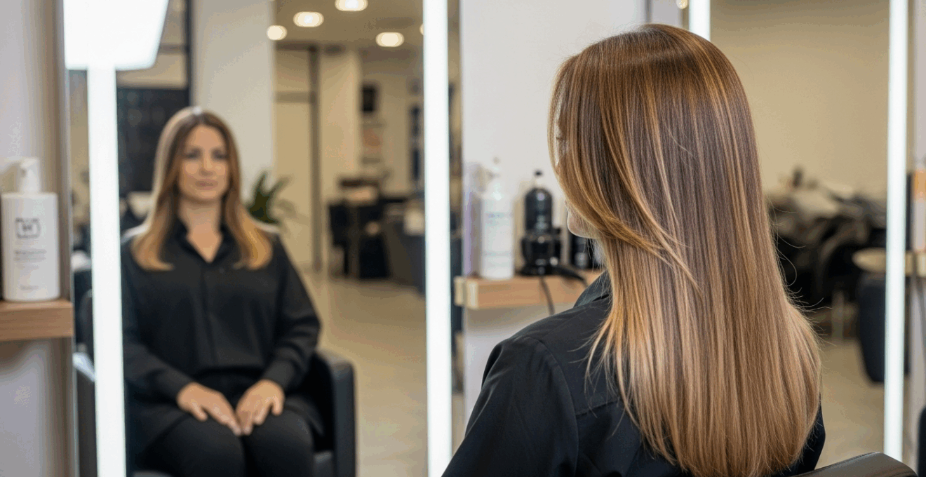 Femme aux cheveux lisses et brillants dans un salon de coiffure moderne