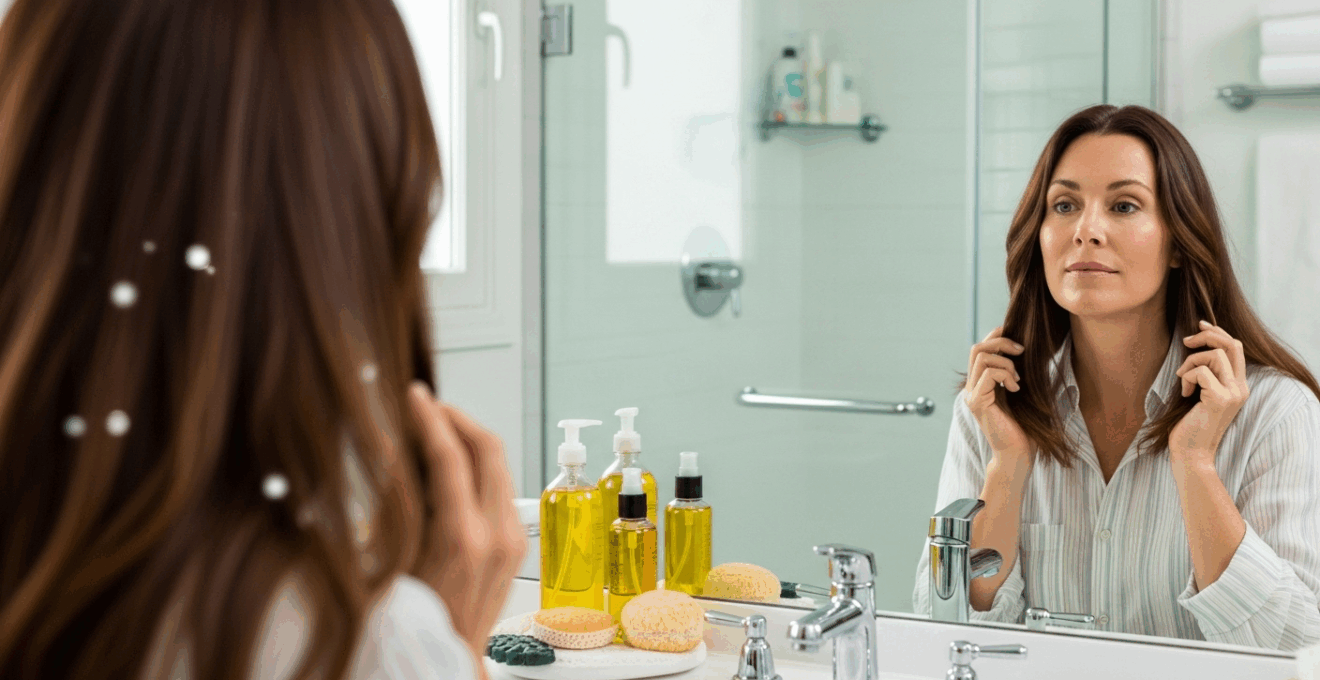 Femme aux cheveux lisses observant sa chevelure soignée devant un miroir dans une salle de bain lumineuse