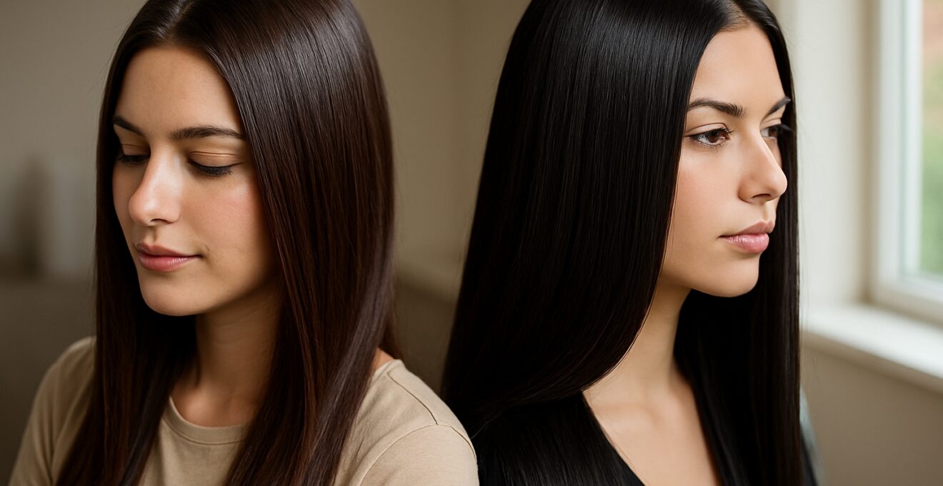  Photo comparative avant/après lissage bio vs lissage classique sur deux modèles à texture capillaire différente. 