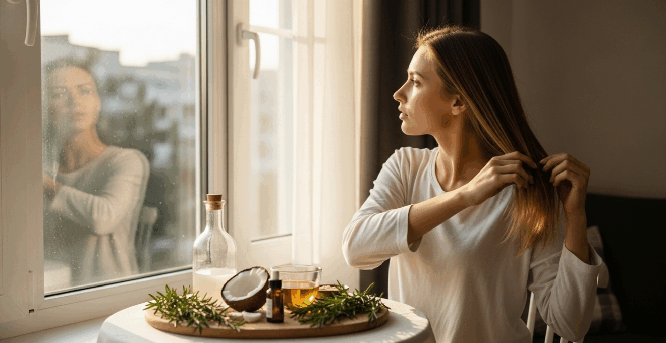 Femme aux cheveux lisses et ternes préparant un soin naturel près d’une fenêtre