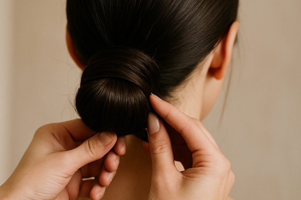 Étapes pour réaliser un chignon ou queue-de-cheval sophistiquée sur cheveux lissés.
