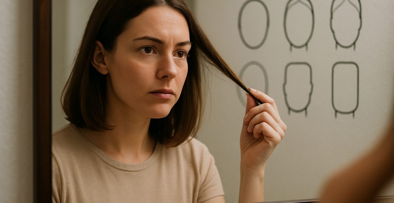 Femme analysant sa coupe de cheveux devant un miroir, silhouettes de formes de visage en arrière-plan