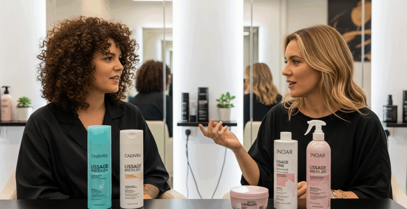 Deux femmes discutant et comparant des produits de lissage brésilien adaptés à leur type de cheveux