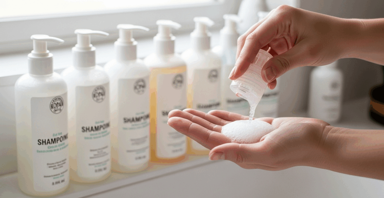 Main versant du shampoing transparent dans la paume, devant des flacons alignés