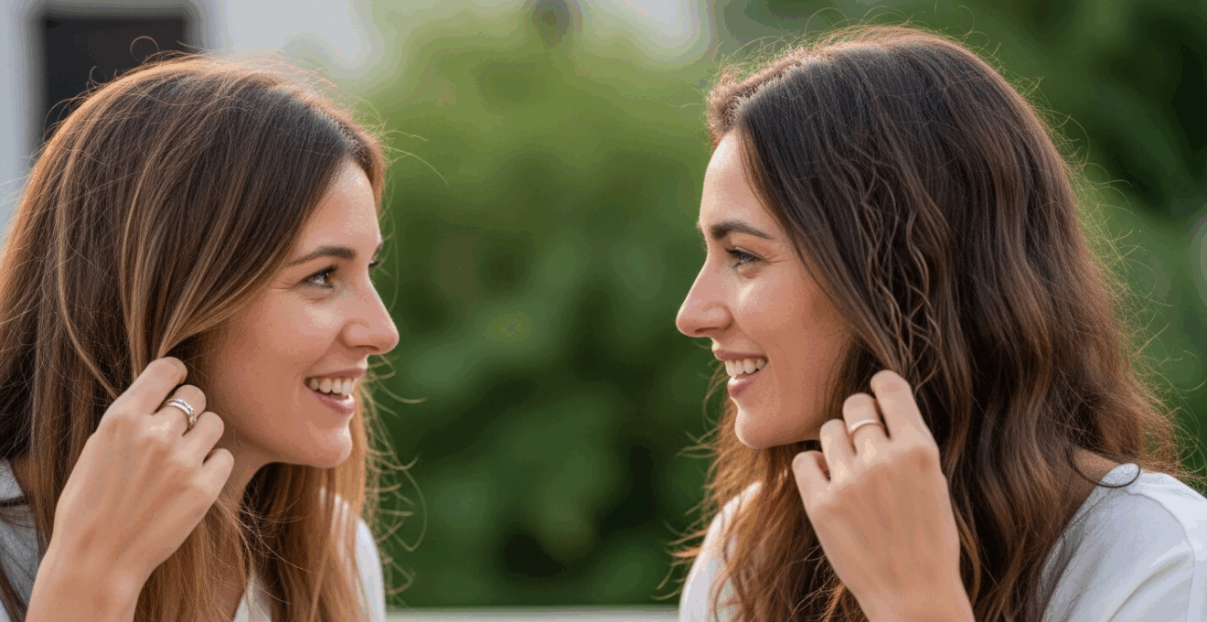Deux femmes comparent la texture de leurs cheveux à la lumière du jour