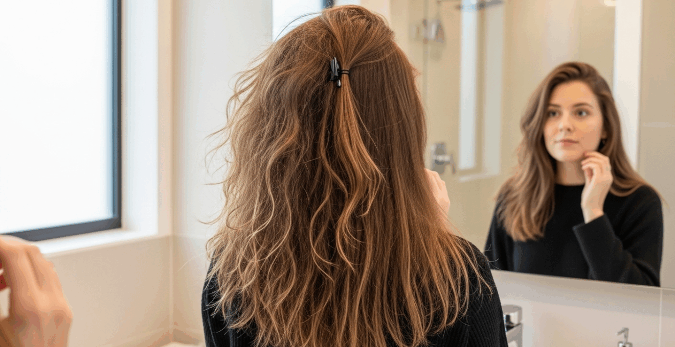 Femme devant un miroir montrant la différence frappante entre cheveux frisottés et cheveux lissés brésilien