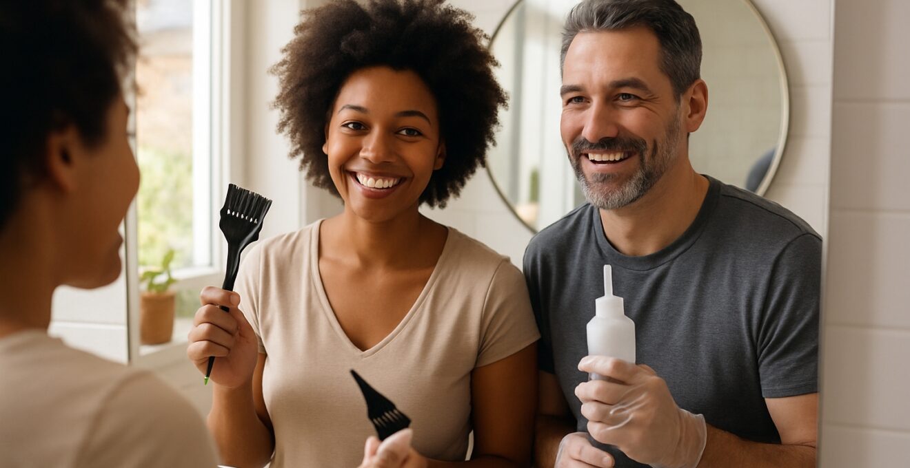 Un homme et une femme devant un miroir, prêts à colorer leurs cheveux dans une salle de bain lumineuse