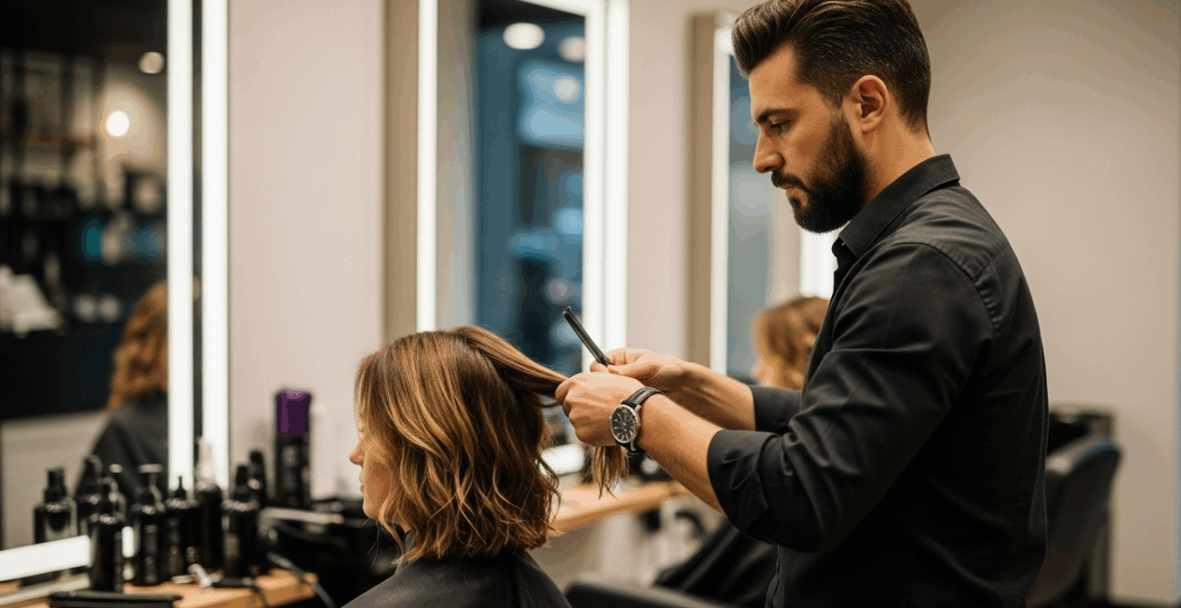 Coiffeur examinant les cheveux colorés d’une cliente dans un salon lumineux