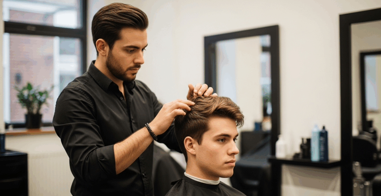 Coiffeur réalisant un diagnostic sur les cheveux d’un homme dans un salon