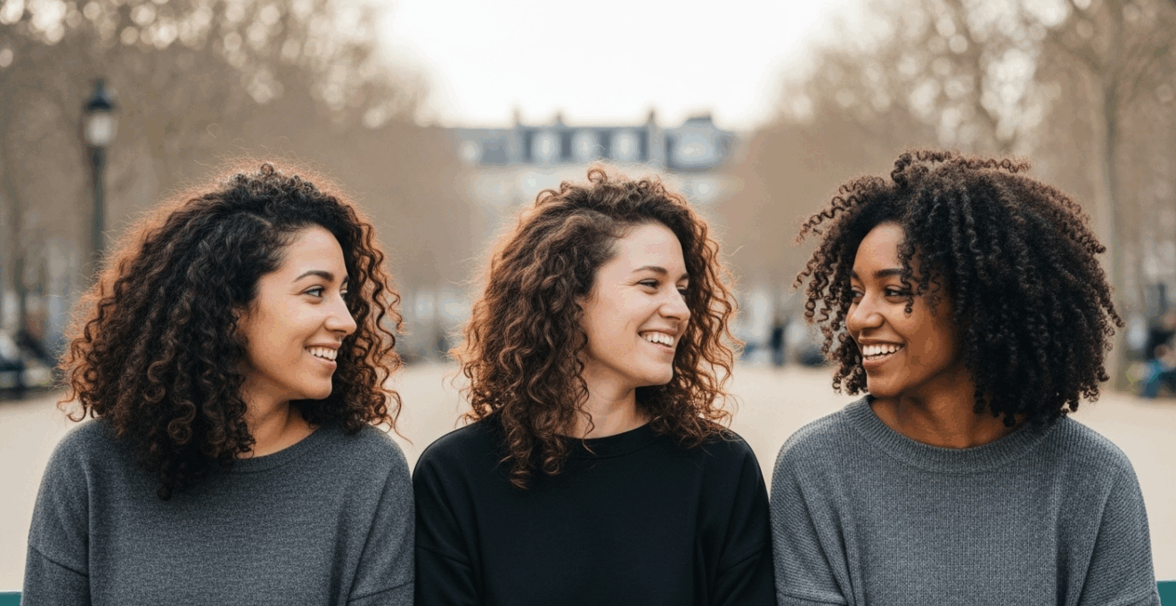 Trois femmes aux cheveux lissés de textures variées, assises ensemble et souriantes dans un parc