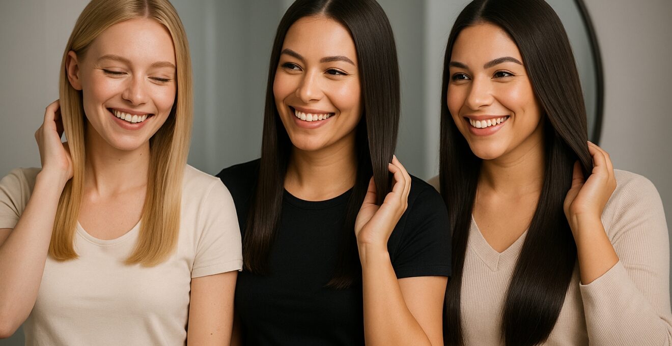 Trois femmes différentes fières de leur lissage, cheveux brillants devant un miroir.