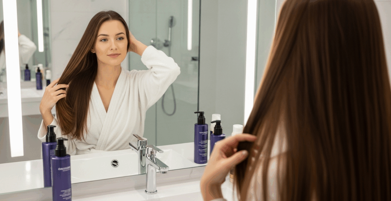Femme aux cheveux lisses et brillants devant un miroir, entourée de produits capillaires, dans une ambiance douce et raffinée