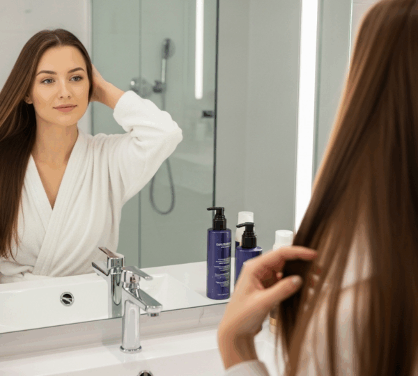 Femme aux cheveux lisses et brillants devant un miroir, entourée de produits capillaires, dans une ambiance douce et raffinée