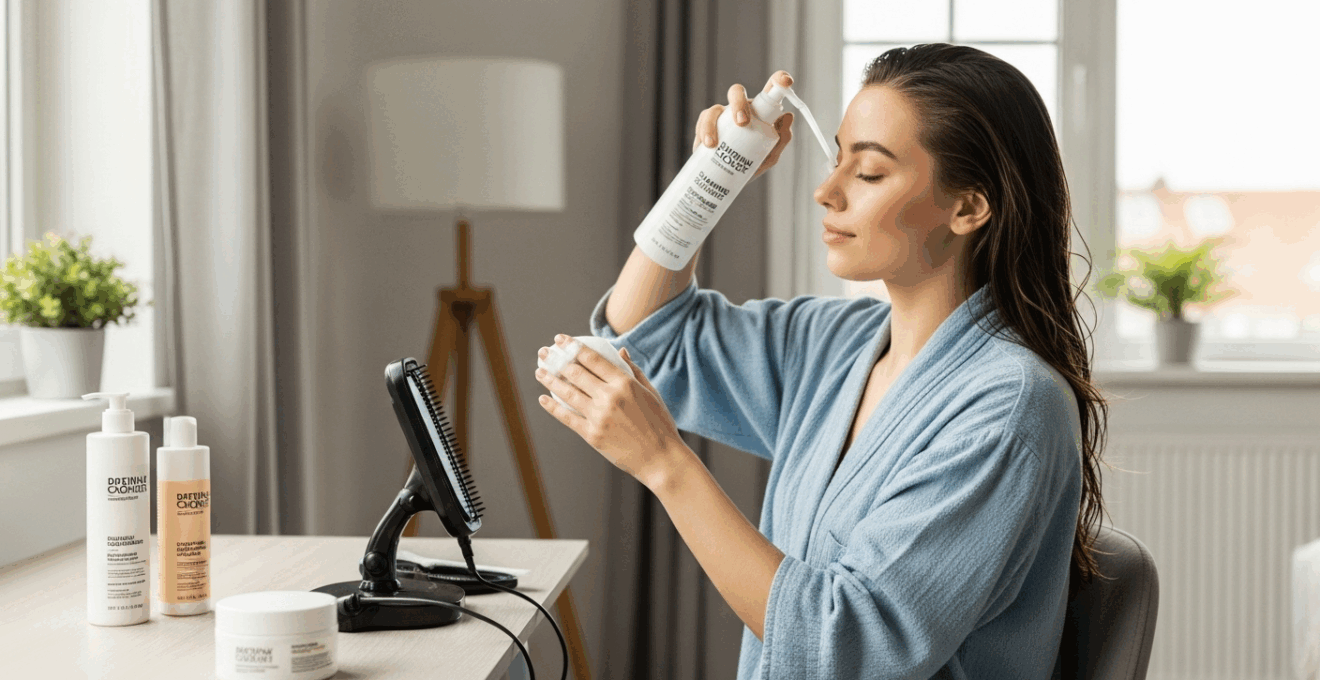 Femme lavant ses cheveux lisses avec un shampoing sans sulfate dans une salle de bain lumineuse