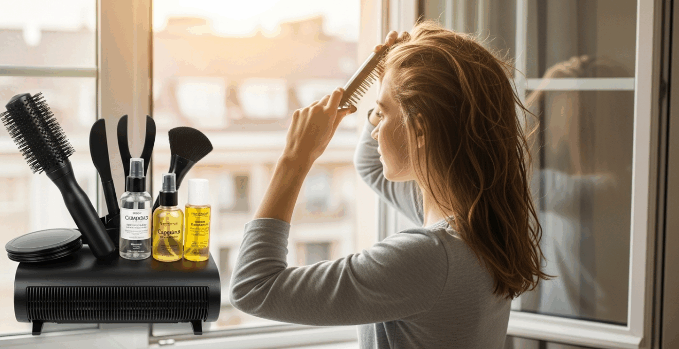 Jeune femme se coiffant les cheveux lissés devant une fenêtre ensoleillée