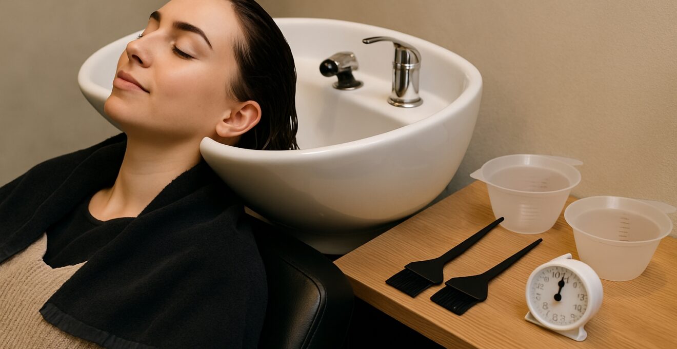 Client(e) installé(e) devant un bac de lavage moderne dans un salon de coiffure, avec accessoires professionnels posés à côté.