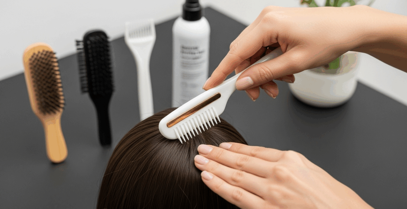 Gros plan sur une main utilisant un fer à lisser professionnel sur une mèche de cheveux parfaitement préparée
