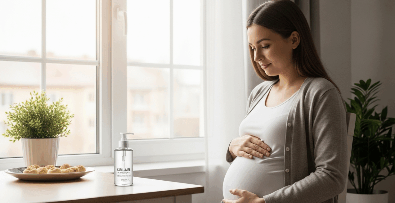 Femme enceinte chez elle, hésitant à utiliser un produit de lissage