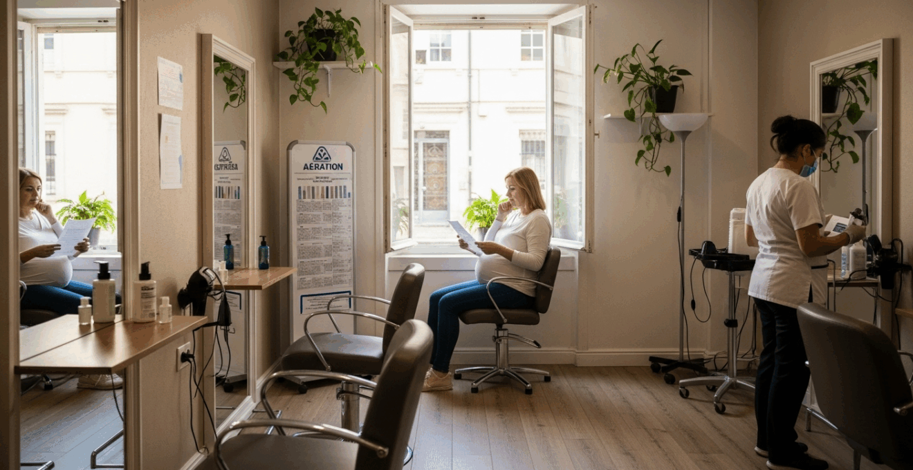 Femme enceinte lisant une notice dans une salle de coiffure aérée, atmosphère de prudence et de réflexion