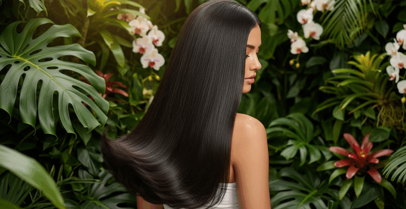 Chevelure longue et brillante mise en relief sur fond tropical stylisé, représentant le lissage brésilien.